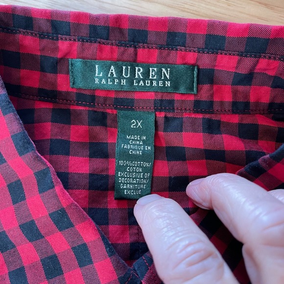 LAUREN Ralph Lauren Womens Red Black Gingham Crest Embroidered Button Shirt 2X - Picture 5 of 10
